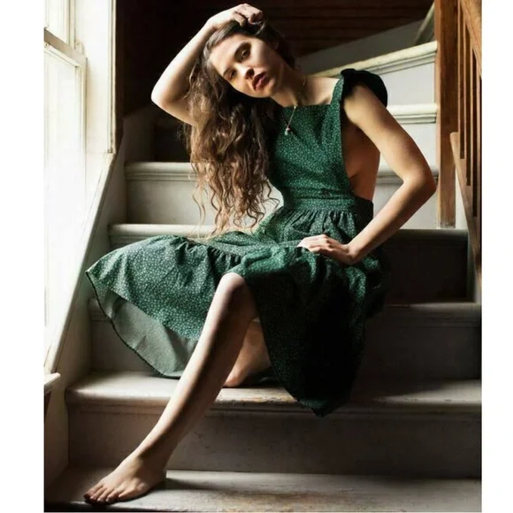Zara Green Floral Midi Dress Ruffle Strap Square Neck Cottagecore Size S - Picture 15 of 16